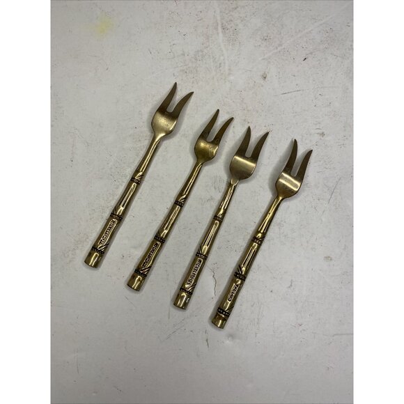 Thailand Nickelbronze Appetizer Cocktail Forks & Spoon Bamboo Design Set of 5 - Picture 7 of 12